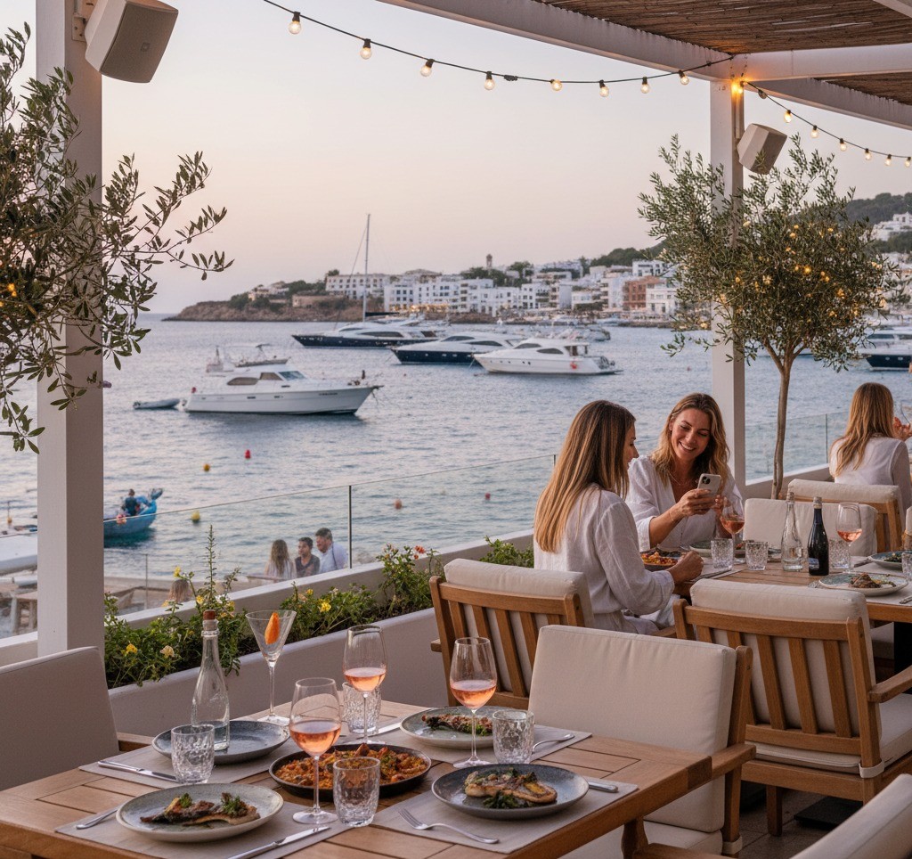 Calle con tiendas y negocios locales en el casco antiguo de Dalt Vila Ibiza