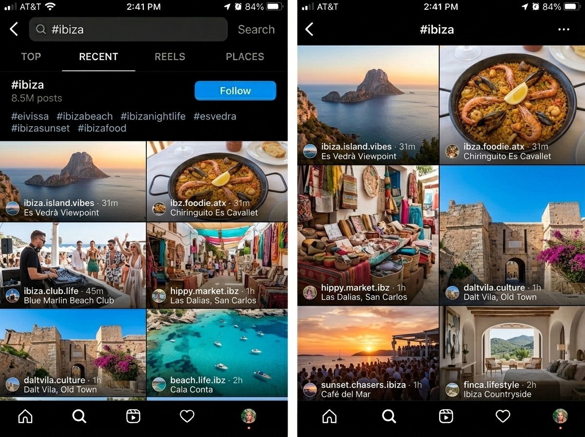 Búsqueda de hashtag local en Instagram para un negocio turístico en Ibiza con resultados de contenido reciente de la isla