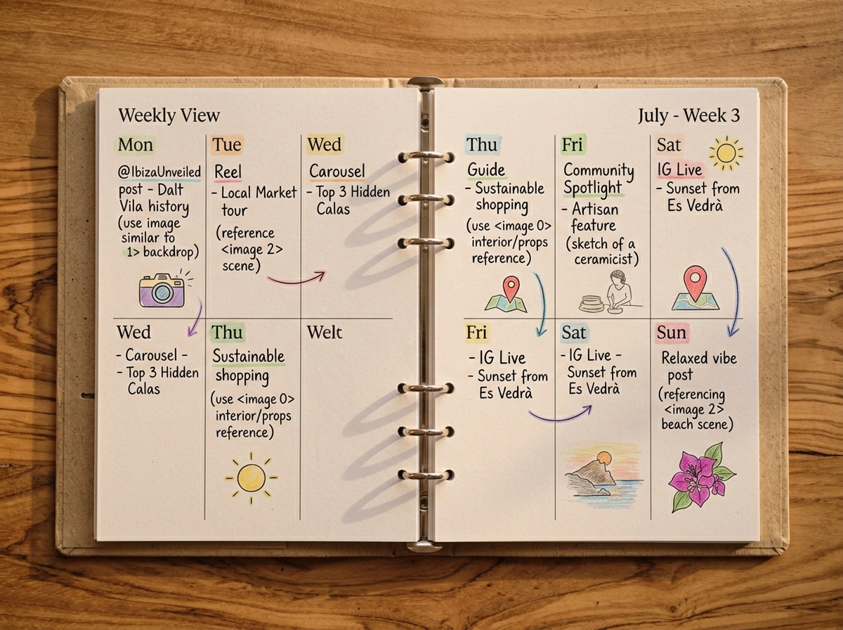 Calendario editorial de redes sociales para negocio turístico en Ibiza con planificación por fases de temporada