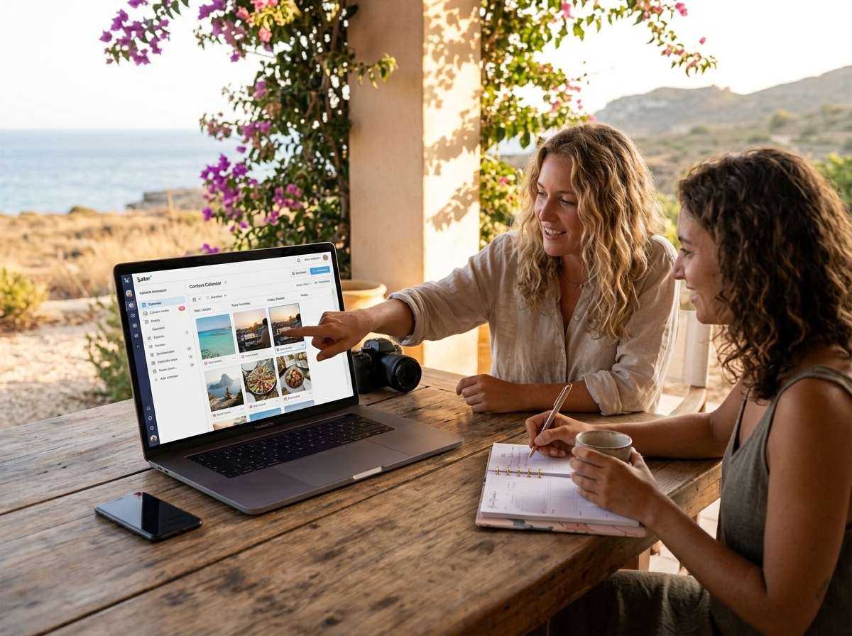 Community manager gestionando redes sociales de un negocio turístico en Ibiza desde el ordenador