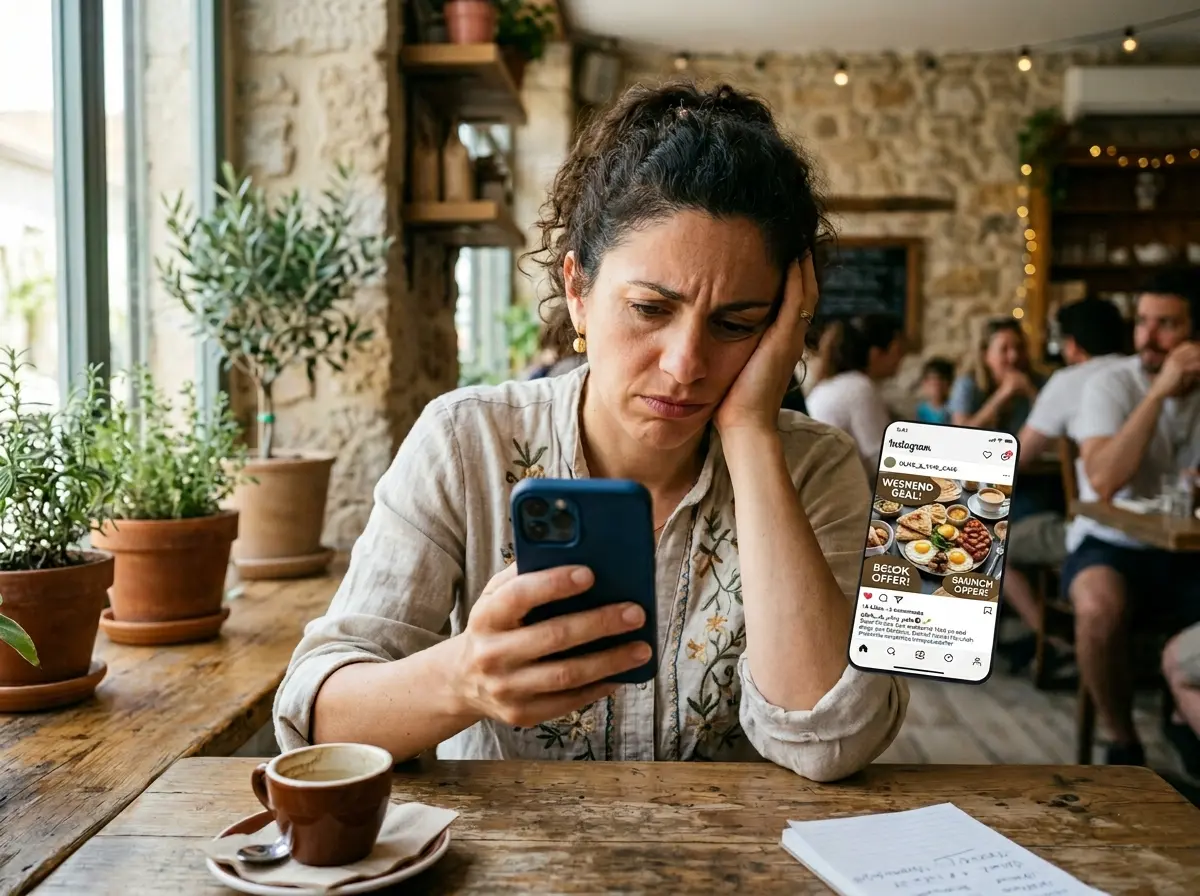 Pantalla de móvil mostrando un reel de Instagram con texto superpuesto de venta agresiva, representando el error más común en negocios locales
