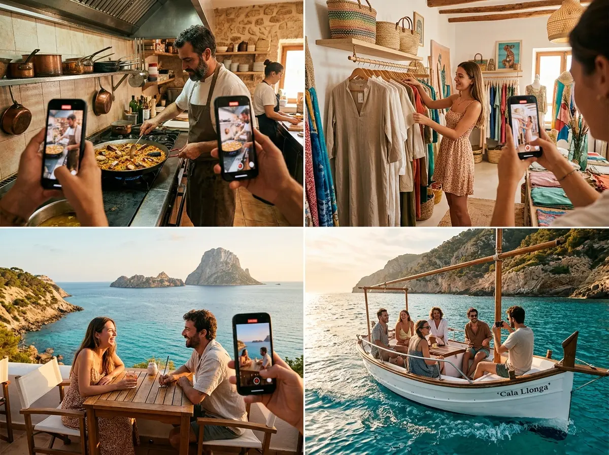 Collage de distintos tipos de negocios locales en Ibiza siendo grabados con el móvil: restaurante, tienda, hotel y actividad náutica