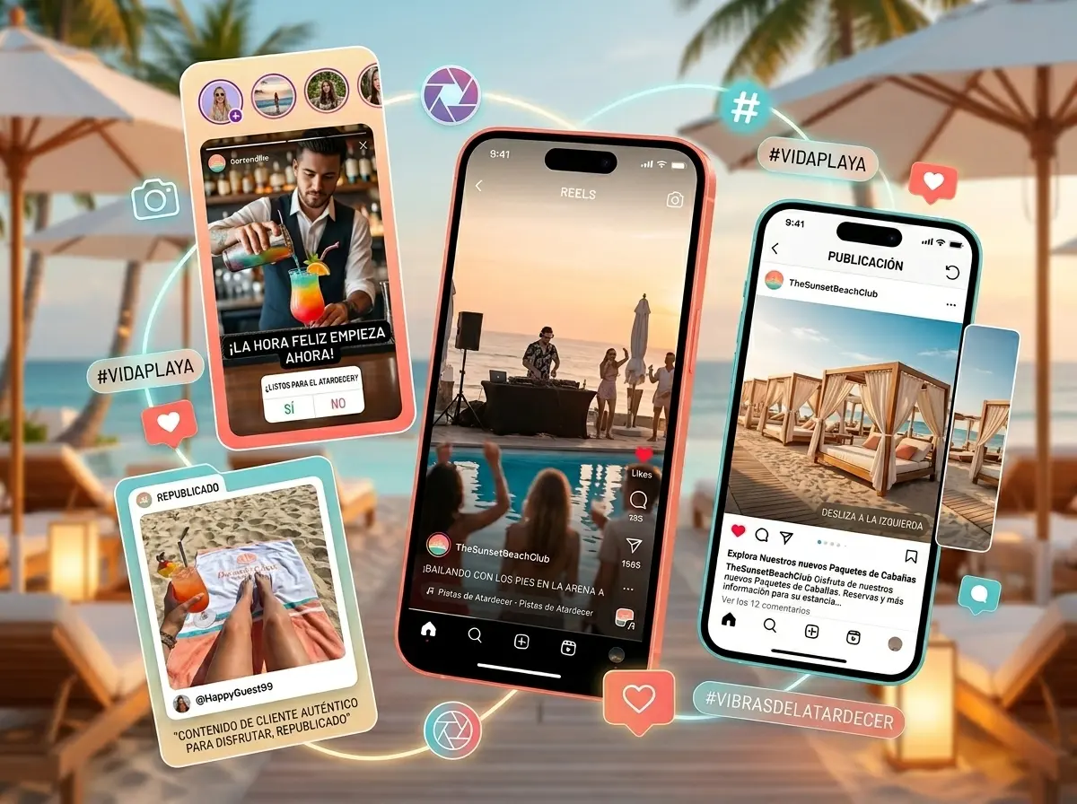Tipos de contenido de Instagram para beach clubs en Ibiza: reels, stories, carruseles y UGC