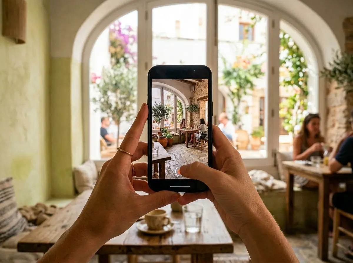 Manos sosteniendo un móvil en vertical grabando el interior de un restaurante mediterráneo en Ibiza con luz natural