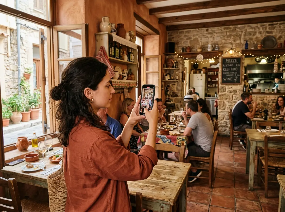Grabando un reel de Instagram con el móvil en un negocio local de Ibiza